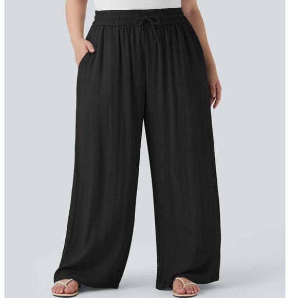 High Waisted Drawstring Linen Wide Leg Black Plus Size Pants Pockets 1X New NWT - Picture 1 of 6